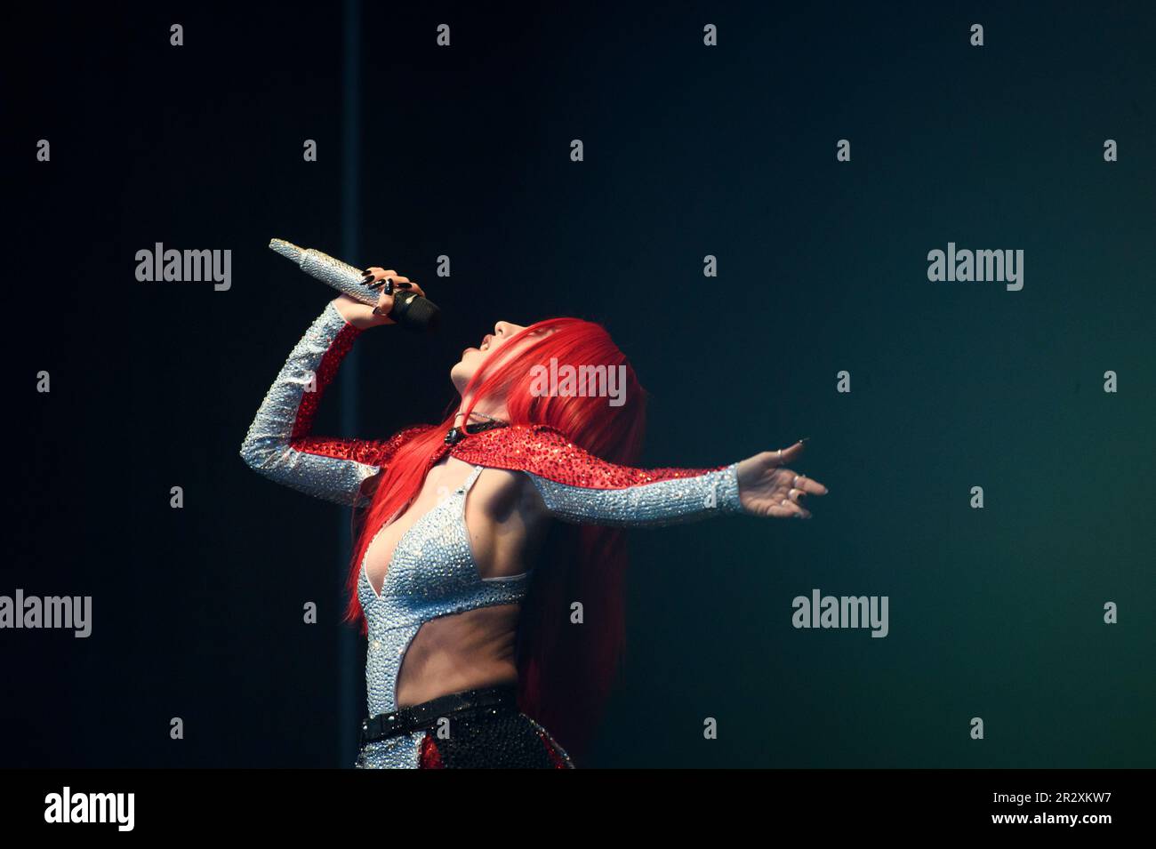 Hamburg, Germany. 21st May, 2023. Singer Ava Max sings on stage at Hamburg's Stadtpark Open Air during one of two concerts in Germany. Credit: Gregor Fischer/dpa/Alamy Live News Stock Photo