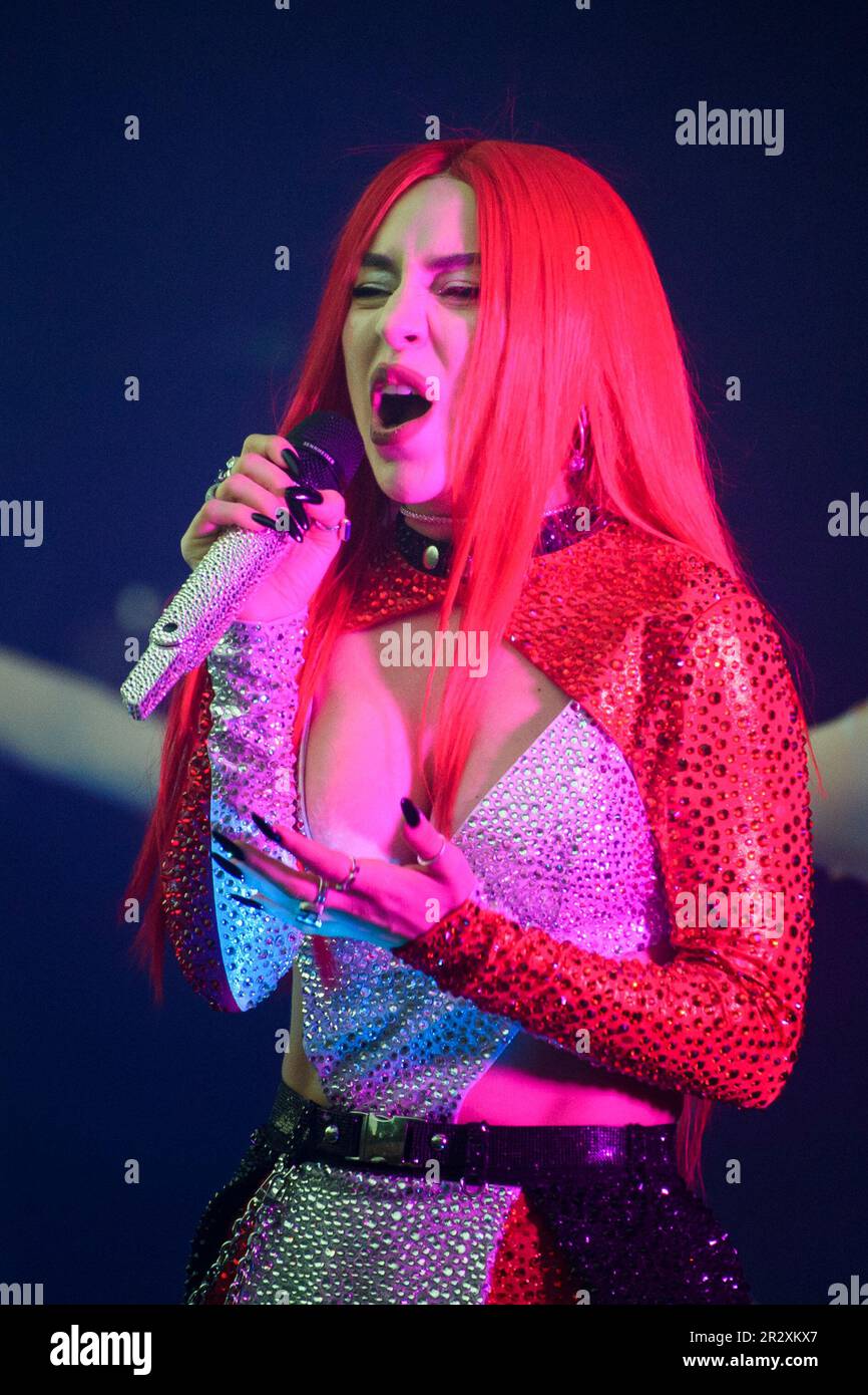 Hamburg, Germany. 21st May, 2023. Singer Ava Max sings into her microphone  during one of two