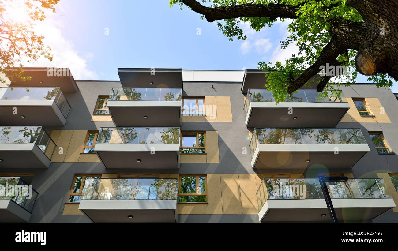 Eco architecture. Green tree and new apartment building. The harmony of ...