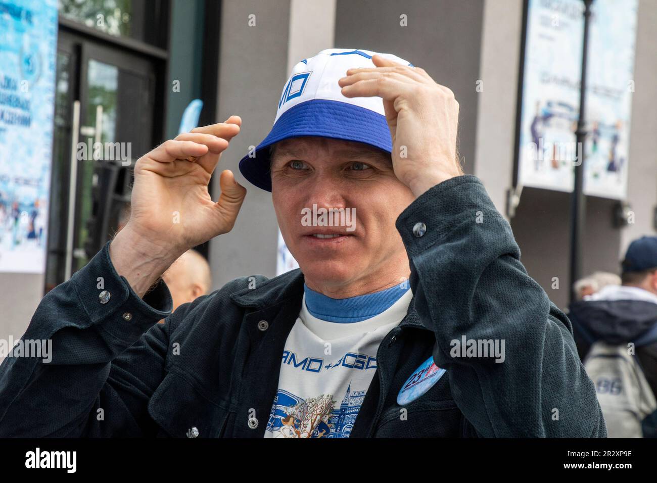 Moscow, Russia. 21st of May, 2023. Gapzrom Neft Deputy CEO Pavel Kolobkov plant out wild cherry trees in Dynamo Park to mark the Dynamo Moscow centenary as part of the Cherry Forest Festival in Moscow, Russia Stock Photo