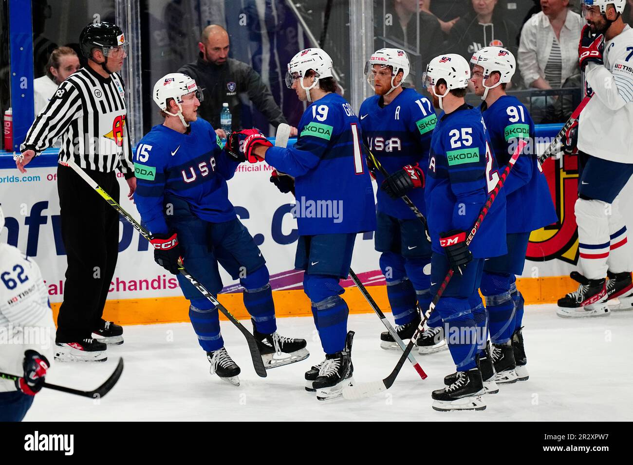 United States Cutter Gauthier reacts during the group A match between  United States and France at the ice hockey world championship in Tampere,  Finland, Sunday, May 21, 2023. (AP Photo/Pavel Golovkin Stock