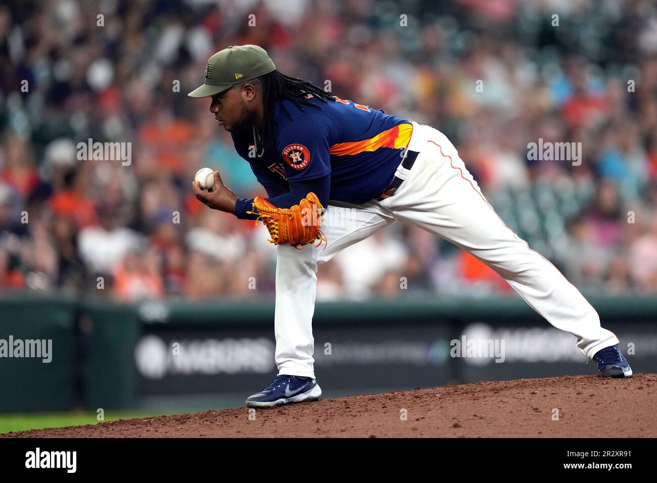 Houston Astros starting pitcher Framber Valdez looks into home plate before  throwing a pitch against the Oakland Athletics during the ninth inning of a  baseball game Sunday, May 21, 2023, in Houston.
