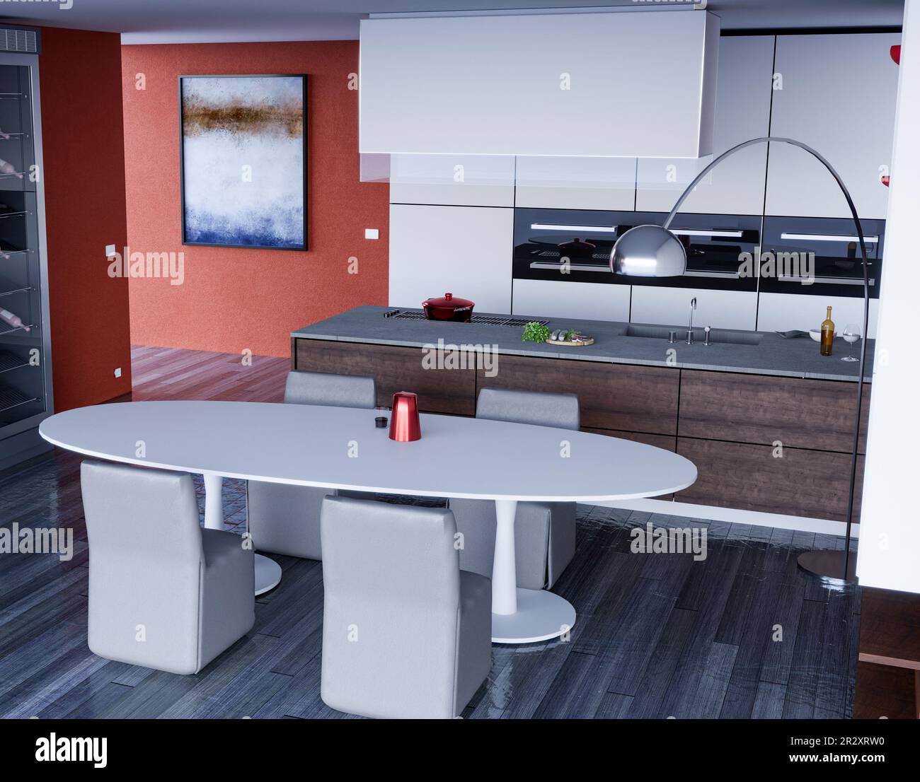 View of a modern kitchen interior furniture. Stove and furniture with table and chairs. Interior architecture, project for a modern kitchen Stock Photo