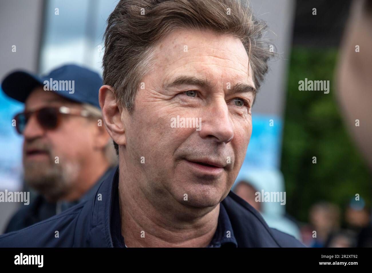Moscow, Russia. 21st of May, 2023. Singer Valery Syutkin arrives to plant out wild cherry trees in Dynamo Park to mark the Dynamo Moscow centenary as part of the Cherry Forest Festival, in Moscow, Russia Stock Photo