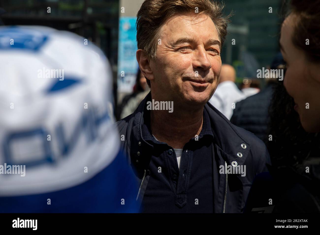 Moscow, Russia. 21st of May, 2023. Singer Valery Syutkin arrives to plant out wild cherry trees in Dynamo Park to mark the Dynamo Moscow centenary as part of the Cherry Forest Festival, in Moscow, Russia Stock Photo