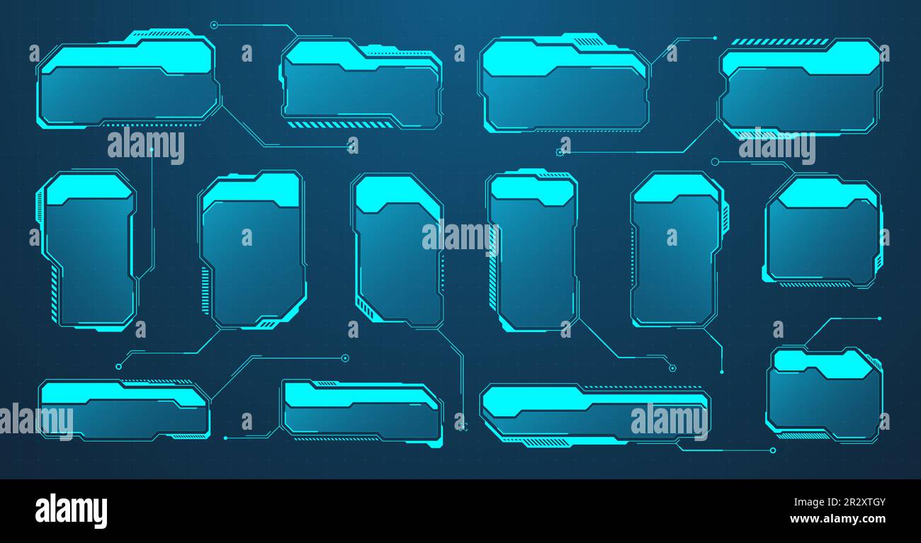 Blue futuristic HUD or UI elements. Sci-fi user interface text boxes ...