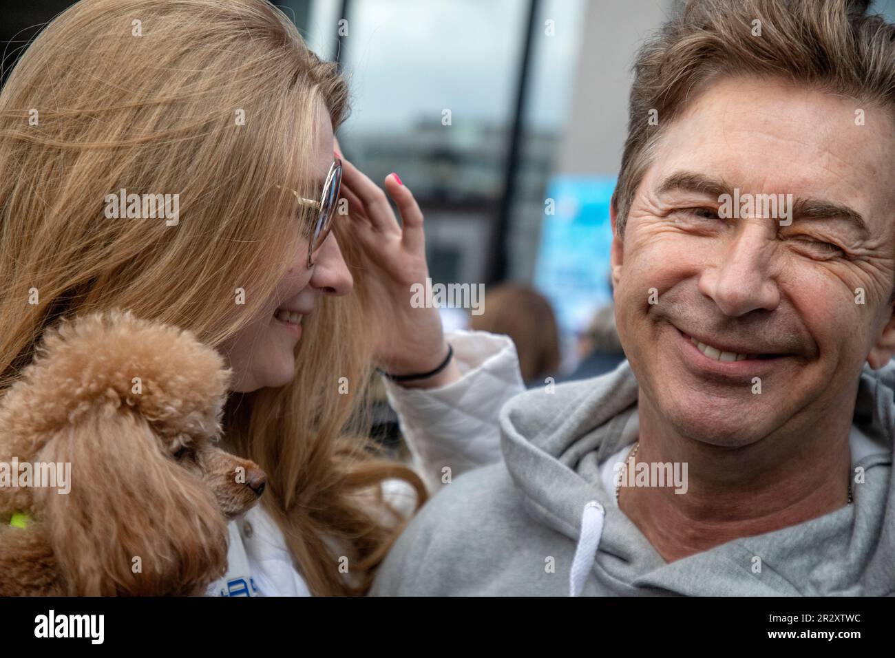 Moscow, Russia. 21st of May, 2023. Singer Valery Syutkin attends planting out wild cherry trees in Dynamo Park to mark the Dynamo Moscow centenary as part of the Cherry Forest Festival, in Moscow, Russia Stock Photo