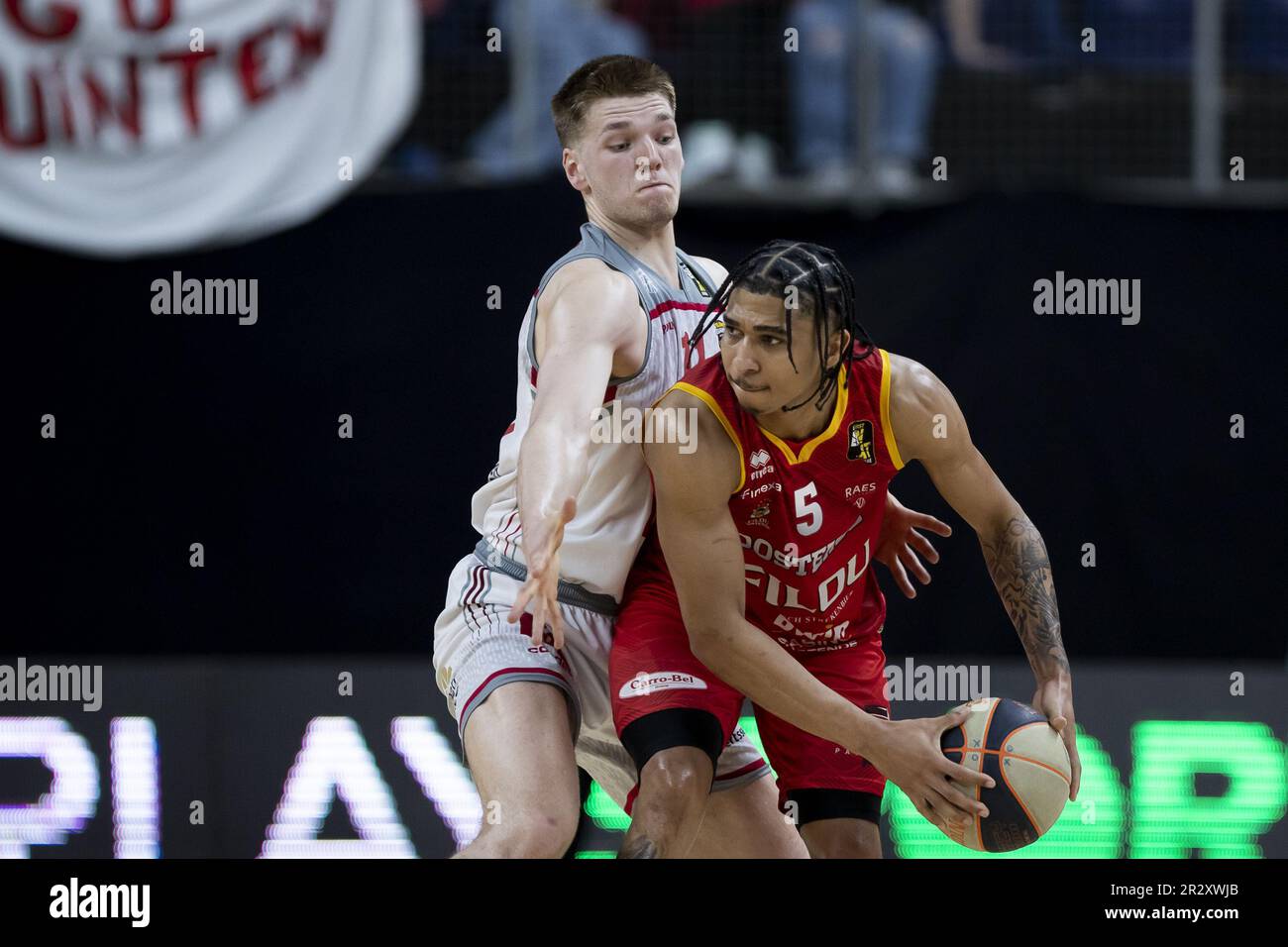 Antwerpen, Belgium. 21st May, 2023. Antwerp's Thijs De Ridder and  Oostende's Breein Tyree pictured in action during a basketball match  between Antwerp Giants and BC Oostende, Sunday 21 May 2023 in Antwerp,