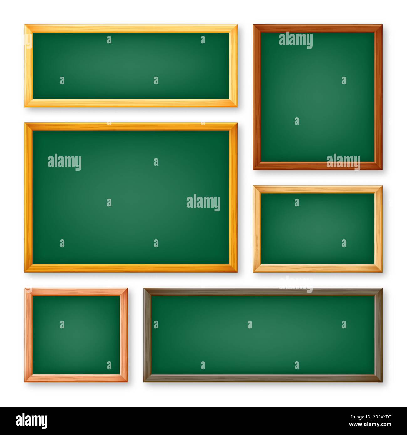 Realistic various chalkboards in a wooden frame. Green restaurant menu board. School blackboard, writing surface for text or drawing. Blank Stock Vector