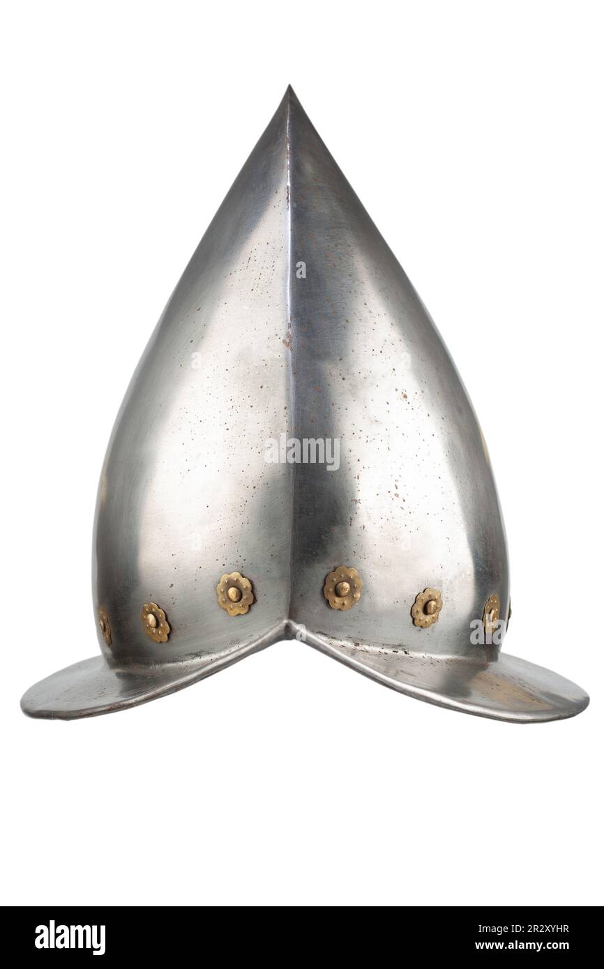 17th century Spanish conquistador comb morion iron helmet isolated on white background Stock Photo