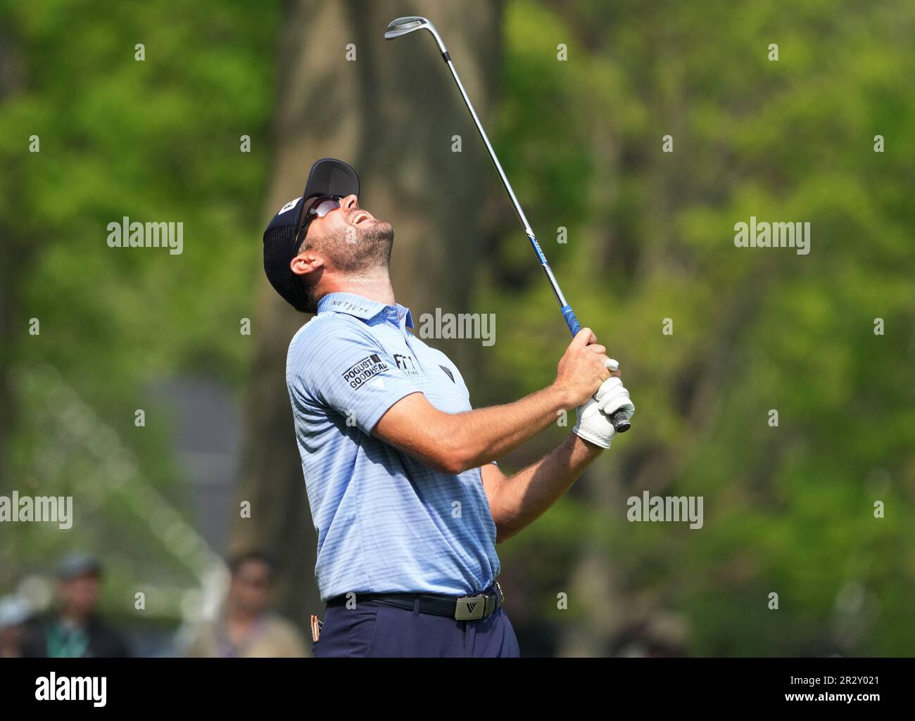 Rochester, United States. 21st May, 2023. Corey Conners of Canada reacts after hitting into a bunker on the 8th hole during the final round of the 2023 PGA Championship at Oak Hill Country Club in Rochester, New York on Sunday, May 21, 2023. Photo by Aaron Josefczyk/UPI Credit: UPI/Alamy Live News Stock Photo