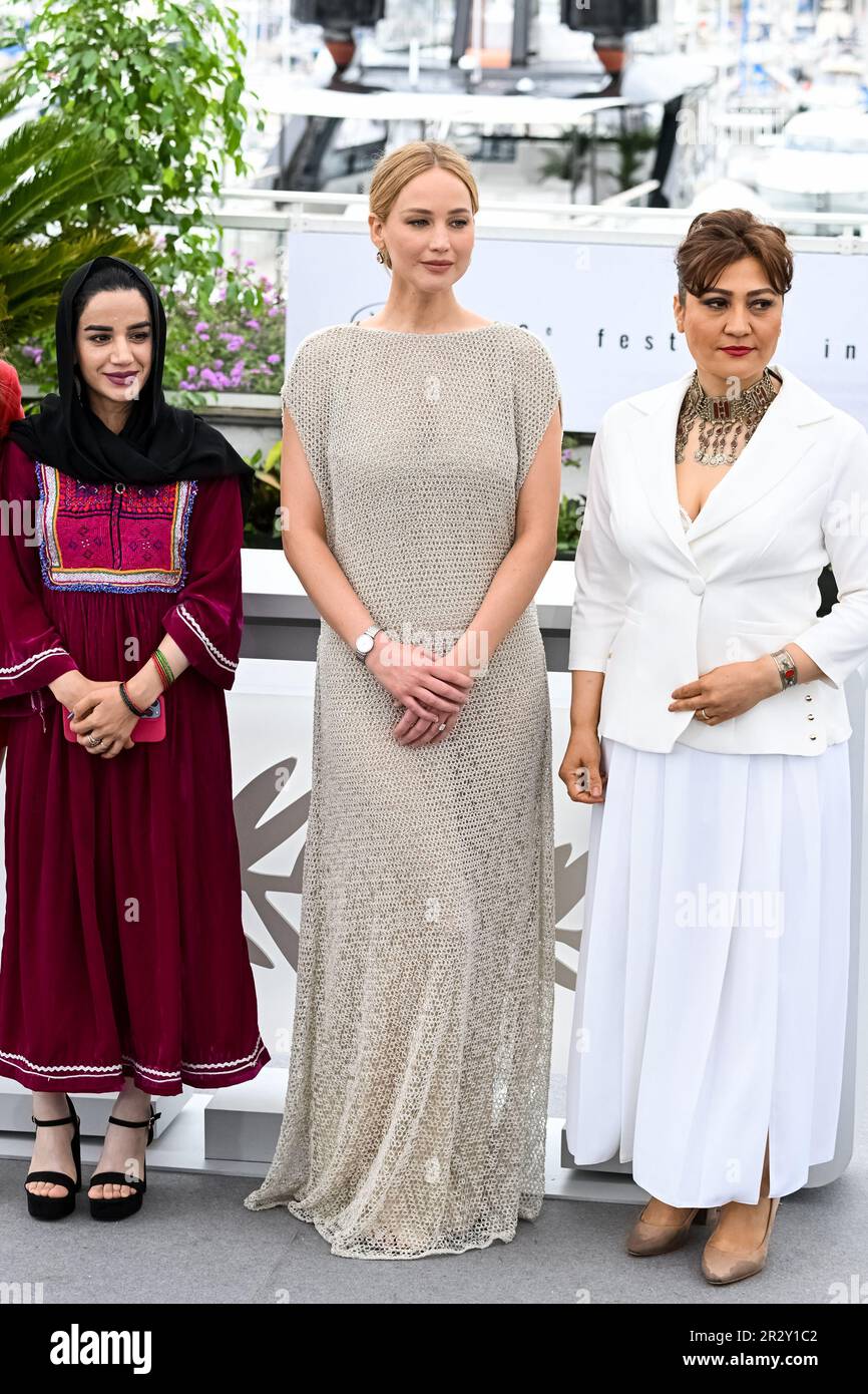 ?, Jennifer Lawrence, Sahra Mani 76th Cannes Film Festival Photocall of
