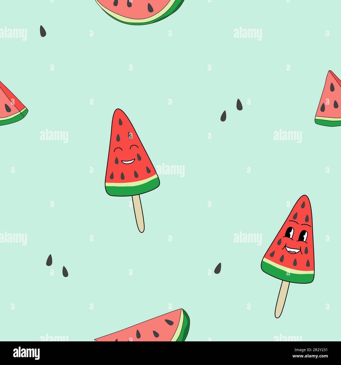 Seamless pattern with watermelon slices, watermelon ice cream and seeds ...