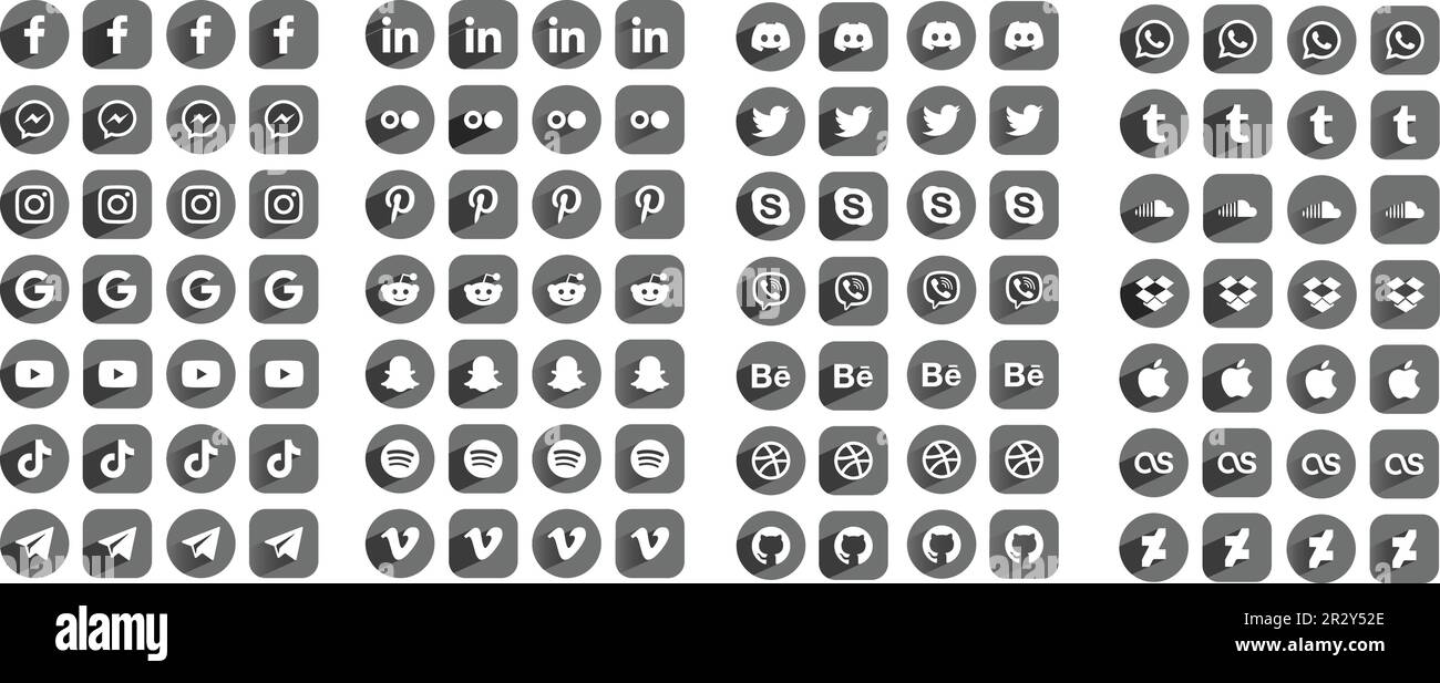 Social Media and Apps Icons Logos, Flat with Shadow, Circle, Rounded Rectangle Stock Vector