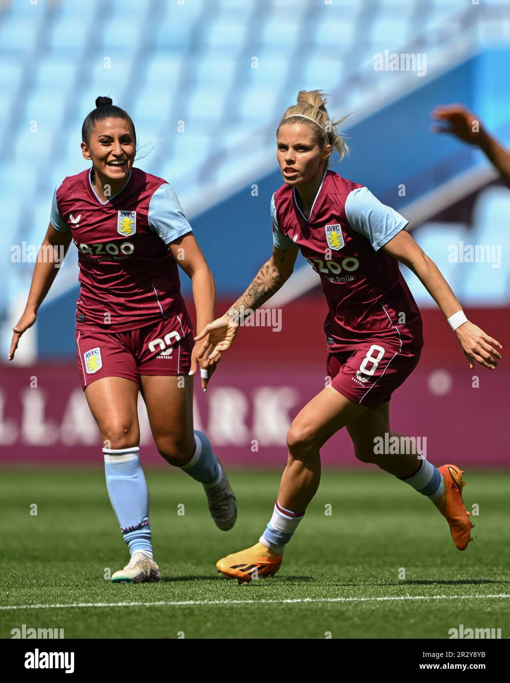 Birmingham, UK. 21st May 2023.   Rachel Daly of Aston Villa celebrates her goal during the WomenÕs Super League match between Aston Villa and Liverpool at Villa Park in Birmingham on 21st May 2023. This image may only be used for Editorial purposes. Editorial use only.  Credit: Ashley Crowden/Alamy Live News Stock Photo