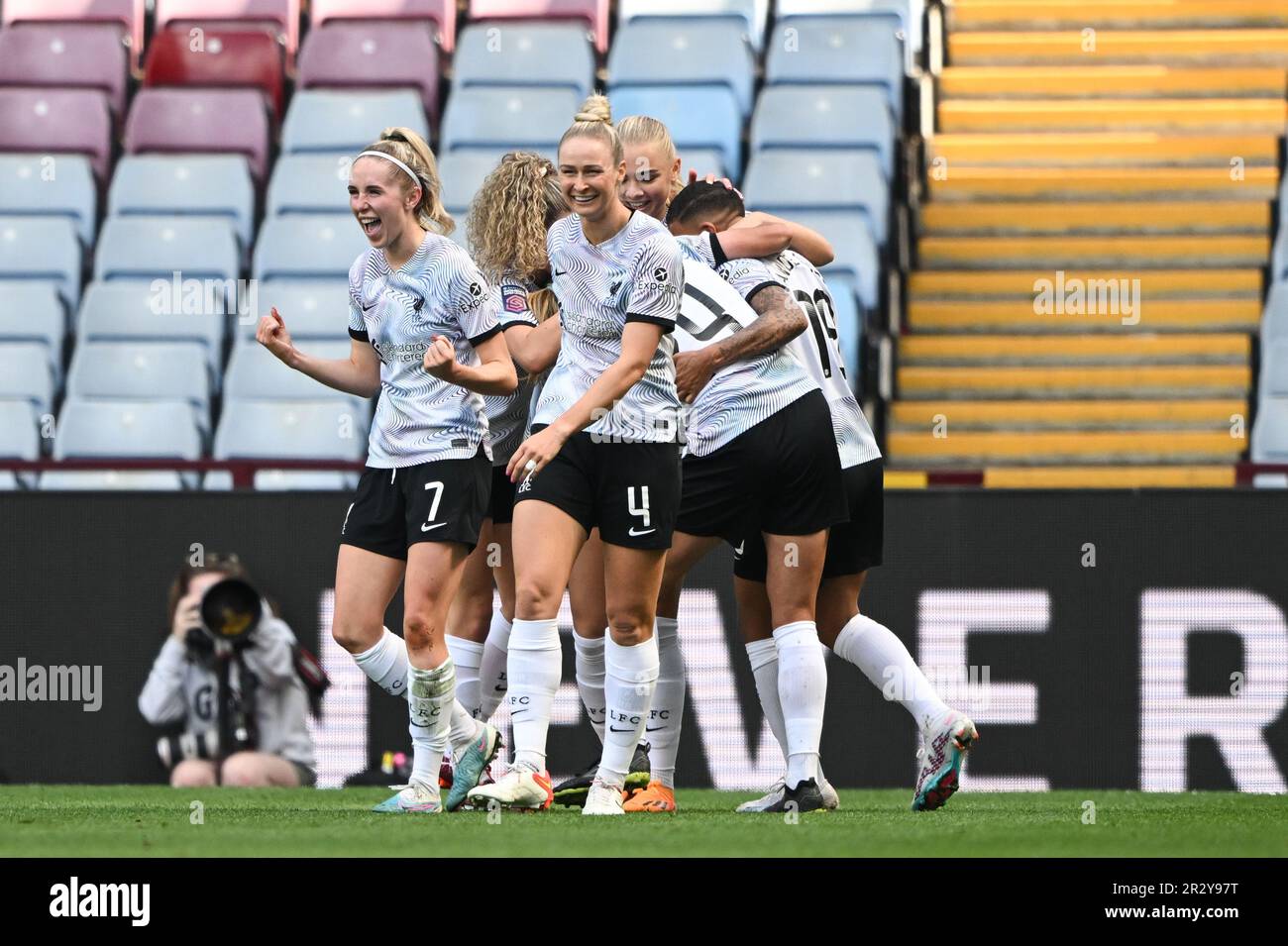 Birmingham, UK. 21st May 2023.   Missy Bo Kearns of Liverpool and Rhiannon Roberts of Liverpool celebrate their sides third goal scored by team mate Katie Stengel during the WomenÕs Super League match between Aston Villa and Liverpool at Villa Park in Birmingham on 21st May 2023. This image may only be used for Editorial purposes. Editorial use only.  Credit: Ashley Crowden/Alamy Live News Stock Photo