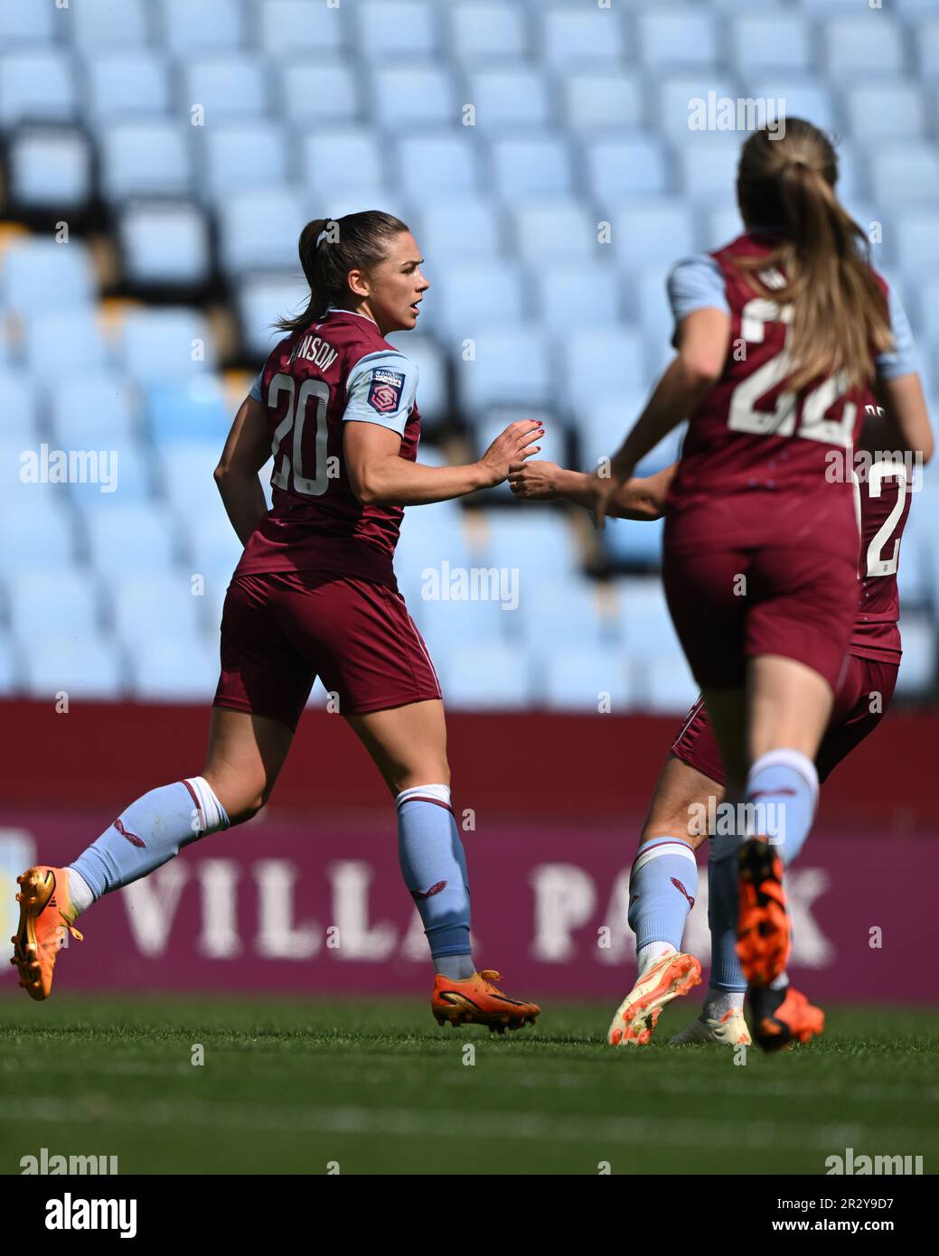 Birmingham, UK. 21st May 2023.   Kirsty Hanson of Aston Villa celebrates scoring her sides third goal during the WomenÕs Super League match between Aston Villa and Liverpool at Villa Park in Birmingham on 21st May 2023. This image may only be used for Editorial purposes. Editorial use only.  Credit: Ashley Crowden/Alamy Live News Stock Photo