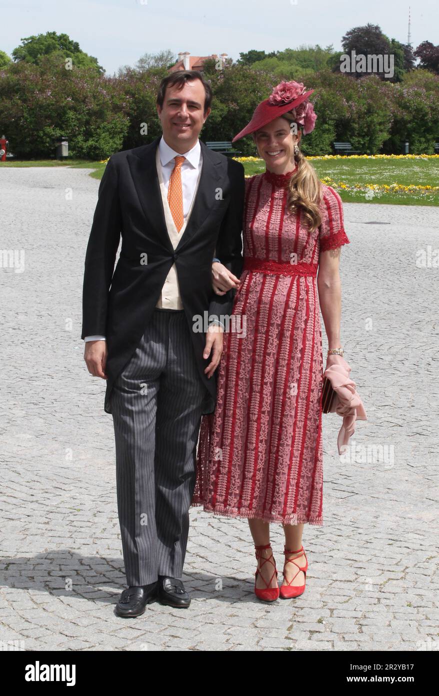 MUNICH, Germany - 20. MAY 2023: Princess Annunciata von und zu Liechtenstein and husband Emanuele MUSINI arrive at the Nymphenburg Palace for the wedding lunch, Die Prinzessin Annunciata von und zu Liechtenstein and husband (Ehemann) Emanuele MUSINI, Prince Ludwig von Bayern and his wife Sophie-Alexandra Princess of Bavaria got Married in the Theatiner Church, Prinz Ludwig is part of the Wittelsbacher dynasty . WITTELSBACHER HOCHZEIT, Royal Wedding in Munich on 20. May 2023, in Germany. Ludwig Prinz von Bayern und seine Frau Sophie-Alexandra Prinzessin von Bayern, born Sophie-Alexandra Eveki Stock Photo