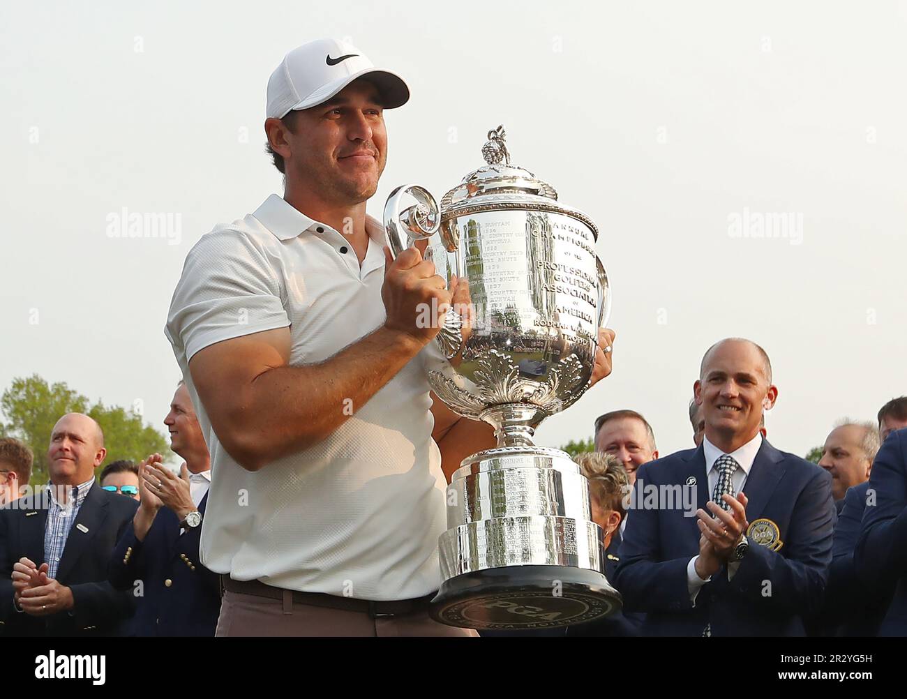 Rochester, United States. 21st May, 2023. Brooks Koepka holds the trophy after winning the 2023 PGA Championship at Oak Hill Country Club in Rochester, New York on Sunday, May 21, 2023. Koepka shot 72, 66, 66 and 67 to finish at nine-under-par. Photo by Aaron Josefczyk/UPI Credit: UPI/Alamy Live News Stock Photo