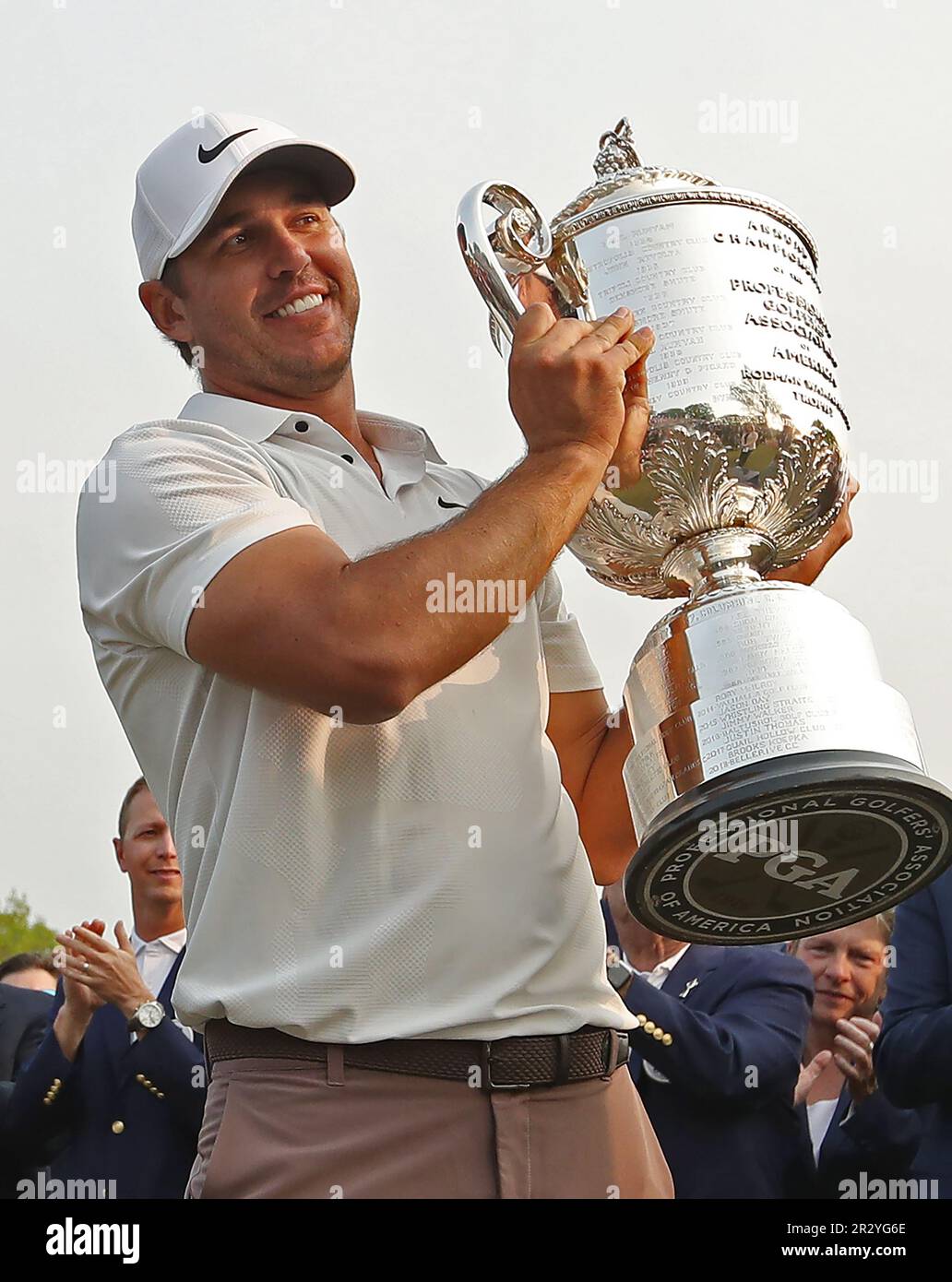 Rochester, United States. 21st May, 2023. Brooks Koepka raises the trophy after winning the 2023 PGA Championship at Oak Hill Country Club in Rochester, New York on Sunday, May 21, 2023. Koepka shot 72, 66, 66 and 67 to finish at nine-under-par. Photo by Aaron Josefczyk/UPI Credit: UPI/Alamy Live News Stock Photo