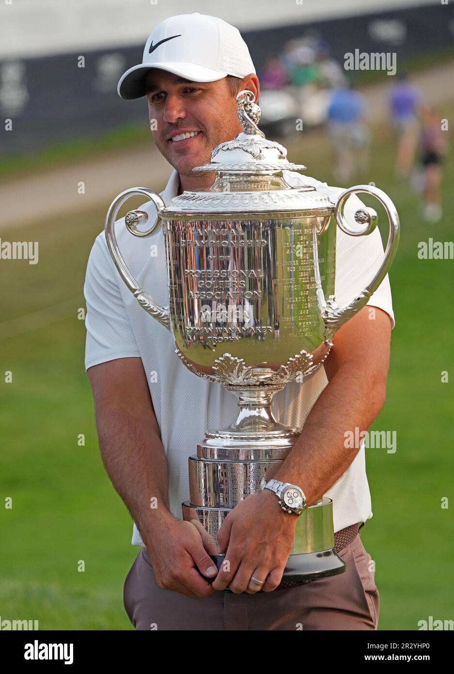 Rochester, United States. 21st May, 2023. Brooks Koepka poses with his trophy after winning the 2023 PGA Championship at Oak Hill Country Club in Rochester, New York on Sunday, May 21, 2023. Koepka shot 72, 66, 66 and 67 to finish at nine-under-par. Photo by Aaron Josefczyk/UPI Credit: UPI/Alamy Live News Stock Photo