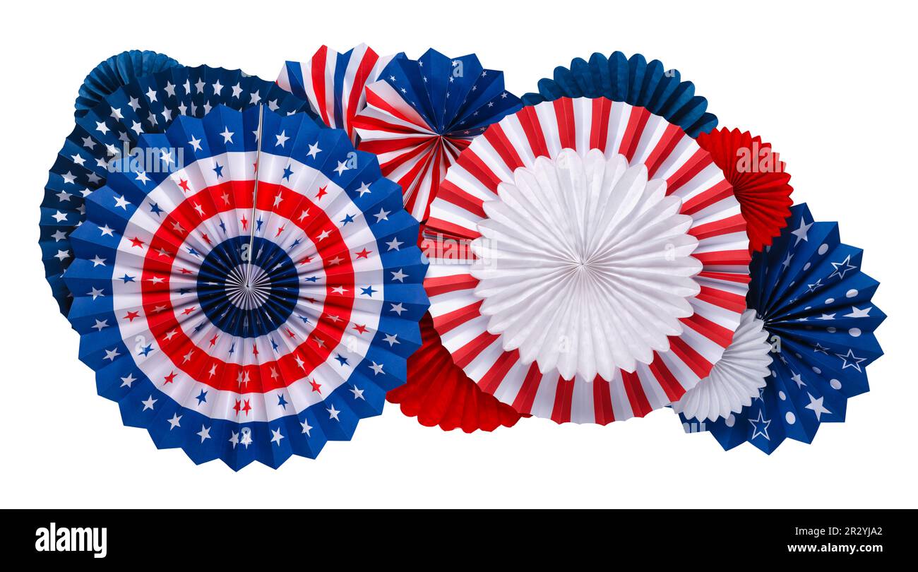 Decorations of vibrant red white and blue paper fans isolated on white. For 4th of July, Memorial day, Veteran's day, or other patriotic holiday celeb Stock Photo