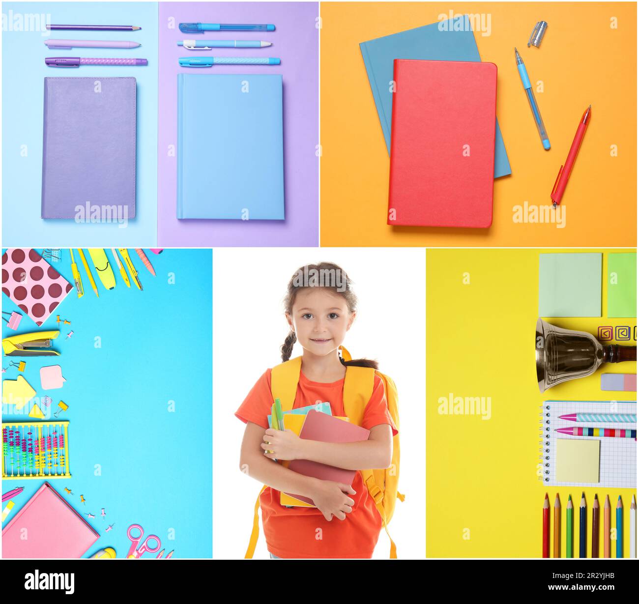 Collage with photos of cute girl and different stationery. Back to