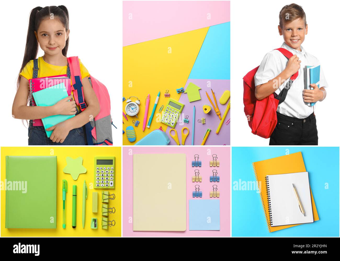 Collage with photos of cute children and different stationery. Back to