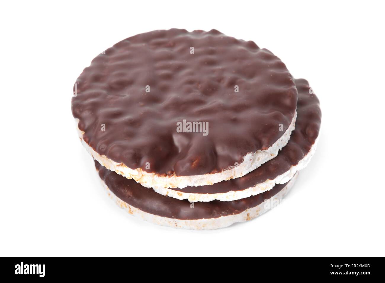 Puffed rice cakes with chocolate spread isolated on white Stock Photo