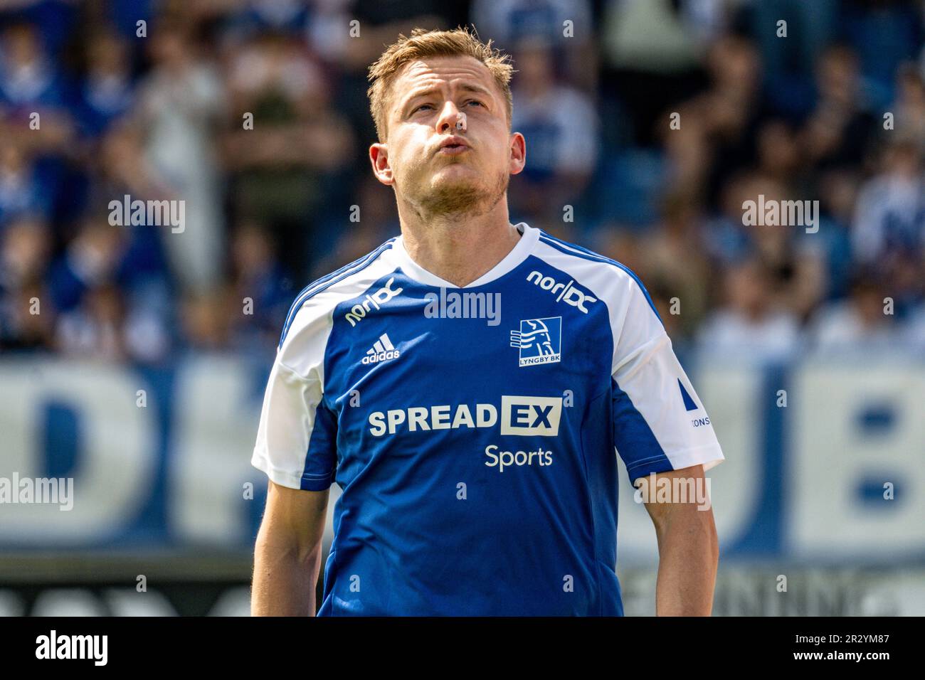 Lyngby, Denmark. 21st May, 2023. Alfred Finnbogason (18) of Lyngby Boldklub leaves the pitch with a red card during the 3F Superliga match between Lyngby Boldklub and Odense Boldklub at Lyngby Stadion in Lyngby. (Photo Credit: Gonzales Photo/Alamy Live News Stock Photo
