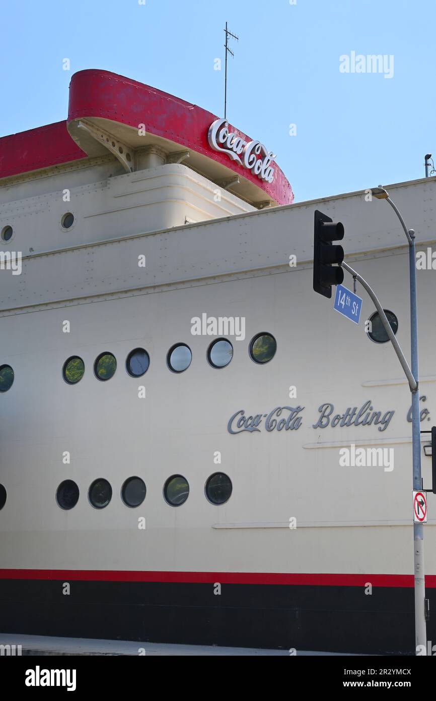 LOS ANGELES, CALIFORNIA - 17 MAY 2023: Coca-Cola Bottling Co plant on Central Avenue in South LA. The building resembles an ocean liner inside and out Stock Photo