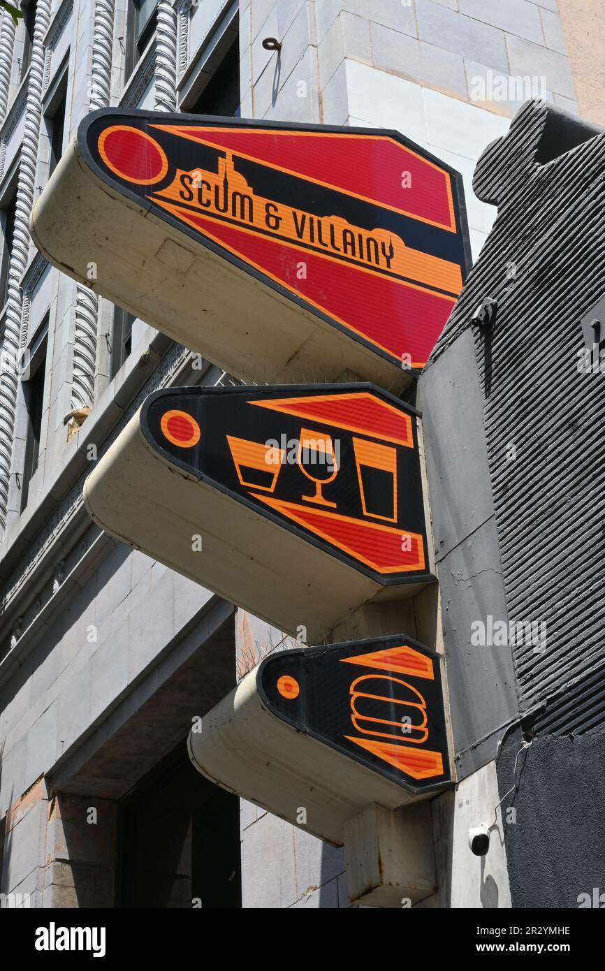 LOS ANGELES, CALIFORNIA - 12 MAY 2023: Sign at Scum and Villainy Cantina a futuristic pub setting with a Star Wars theme, on Hollywood Boulevard. Stock Photo