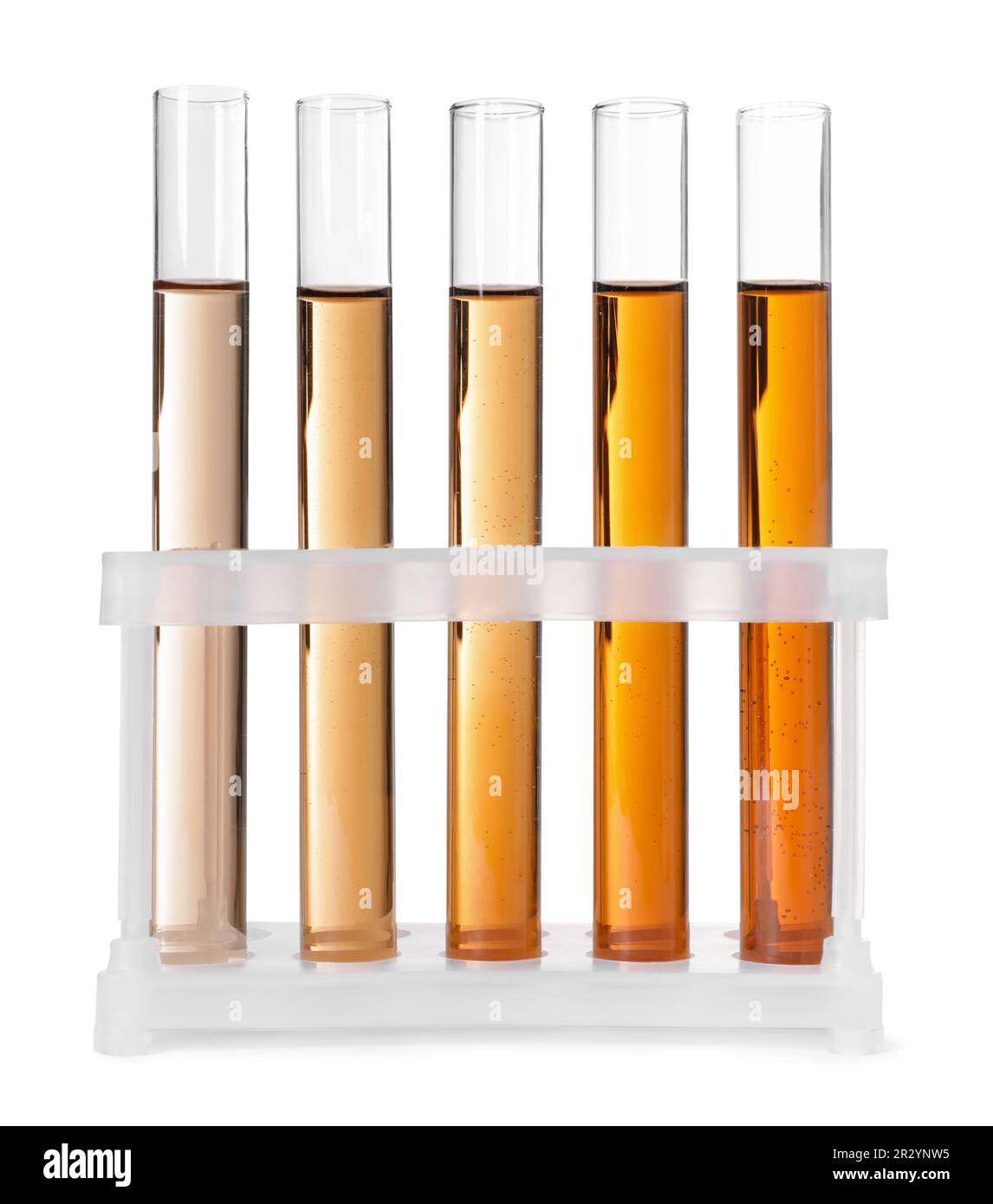 Test tubes with brown liquid in stand on white background Stock Photo ...