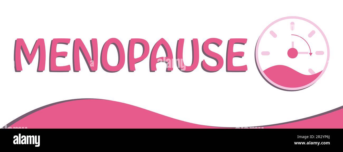 Women's health changes. Clock illustration and word Menopause on color