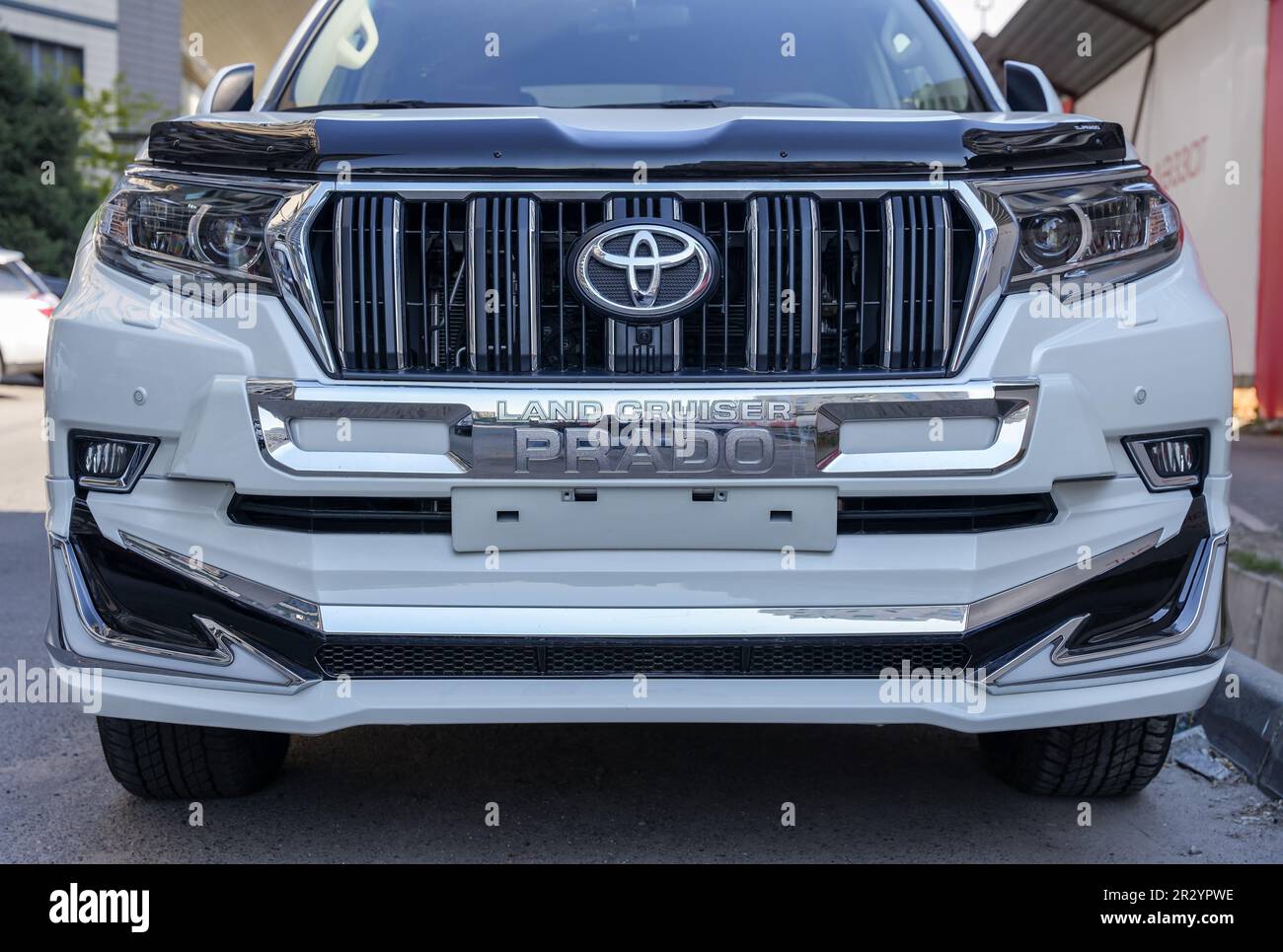 Almaty, Kazakhstan - May 4, 2023: The front of the new Toyota Land Cruiser Prado. 2023 release Stock Photo