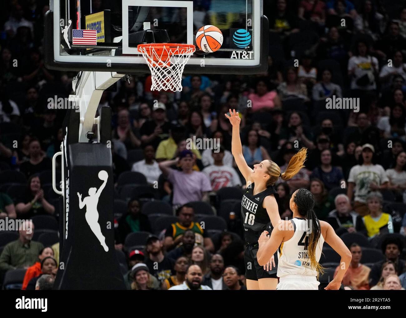 Seattle Storm guard Ivana Dojkic (18) puts up a basket against Las Vegas  Aces center Kiah Stokes (41) during the first half of a WNBA basketball  game Saturday, May 20, 2023, in