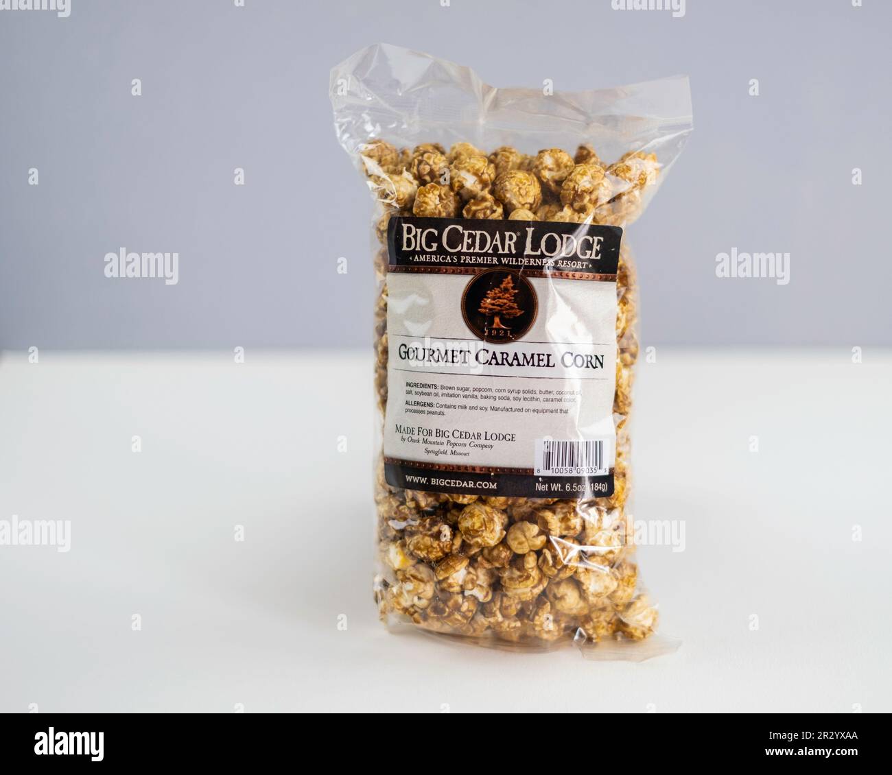 A bag of specialty Big Cedar Lodge brand gourmet caramel corn, or popcorn. USA. Stock Photo