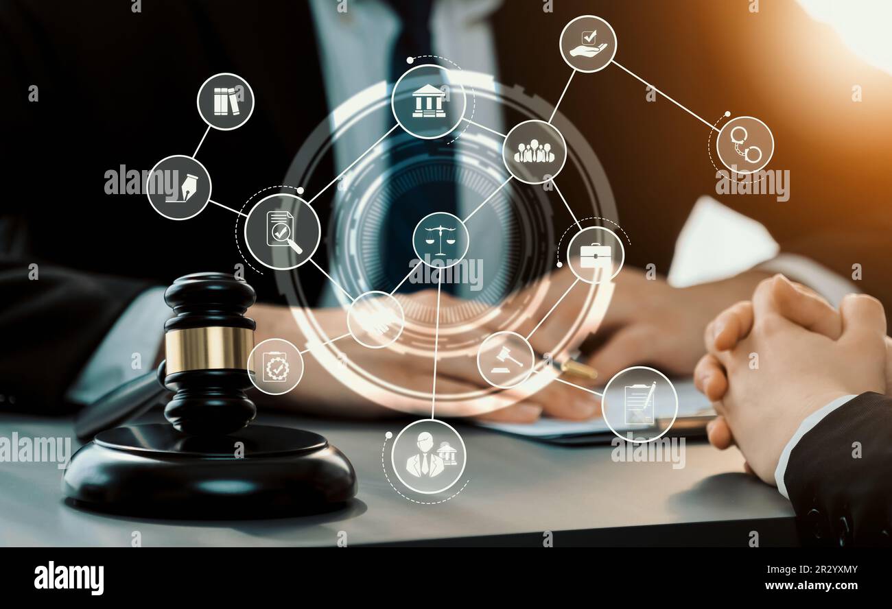 Smart law, legal advice icons and lawyer working tools in the lawyers