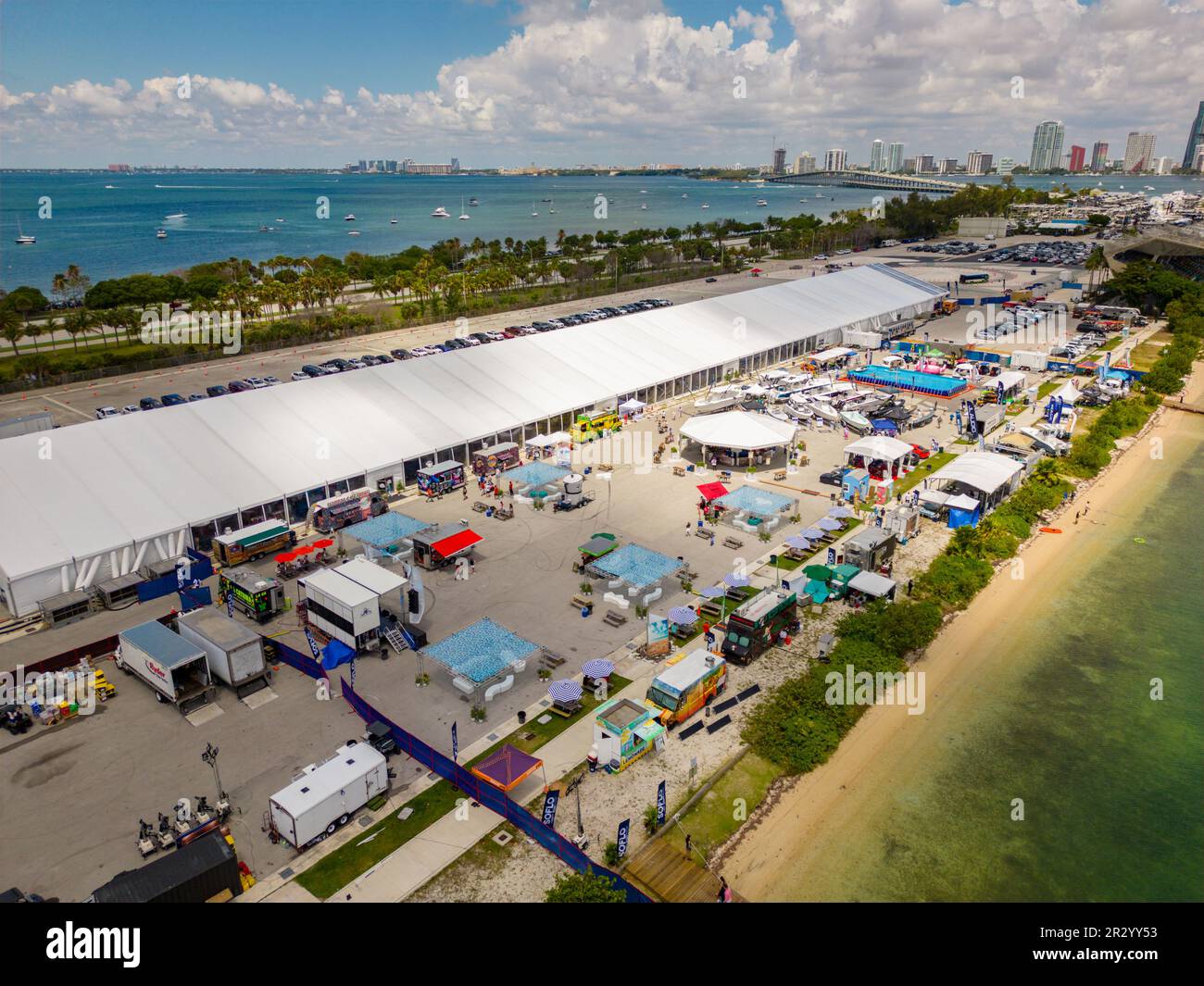 Miami, FL, USA - May 20, 2023: Aerial photo of the SoFlo Boat Show South Florida at Key Biscayne Marine Stadium Stock Photo