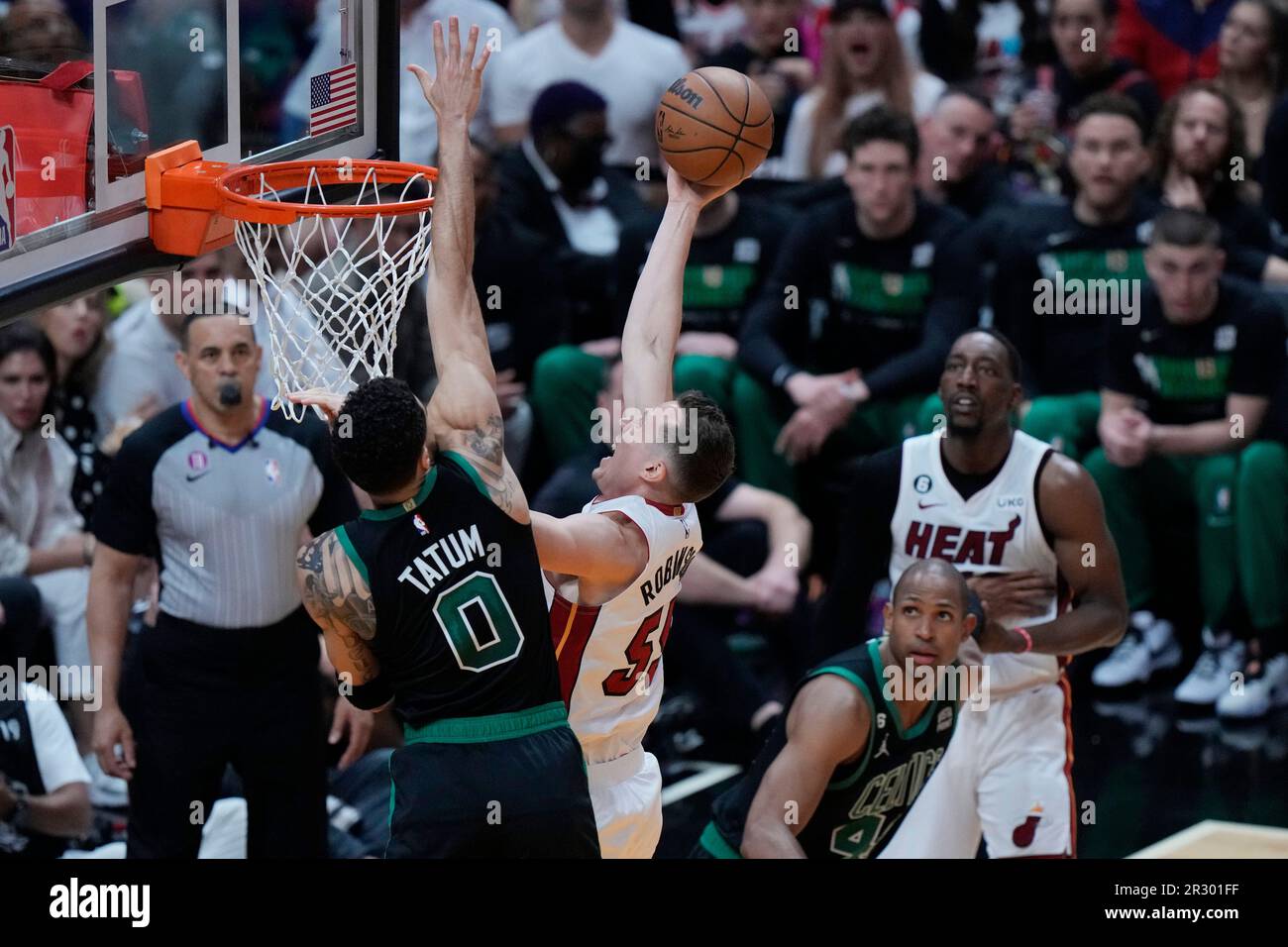 Boston Celtics forward Jayson Tatum (0) drives against Miami Heat forward Duncan  Robinson (55) during the first half of game two of the Eastern Conference  Finals for the 2023 NBA playoffs at