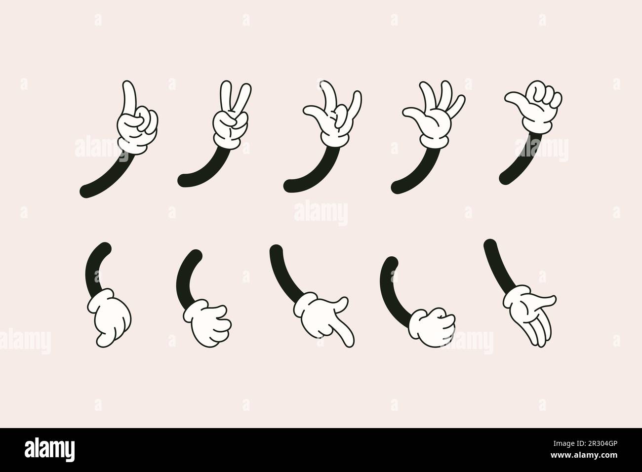 Retro Cartoon Hands Set in Different Gestures Showing Ok Sign, Pointing Fingers, Thumb Up, Rock sign, High Five. Vector Comic Arms in Gloves in 1930 S Stock Vector