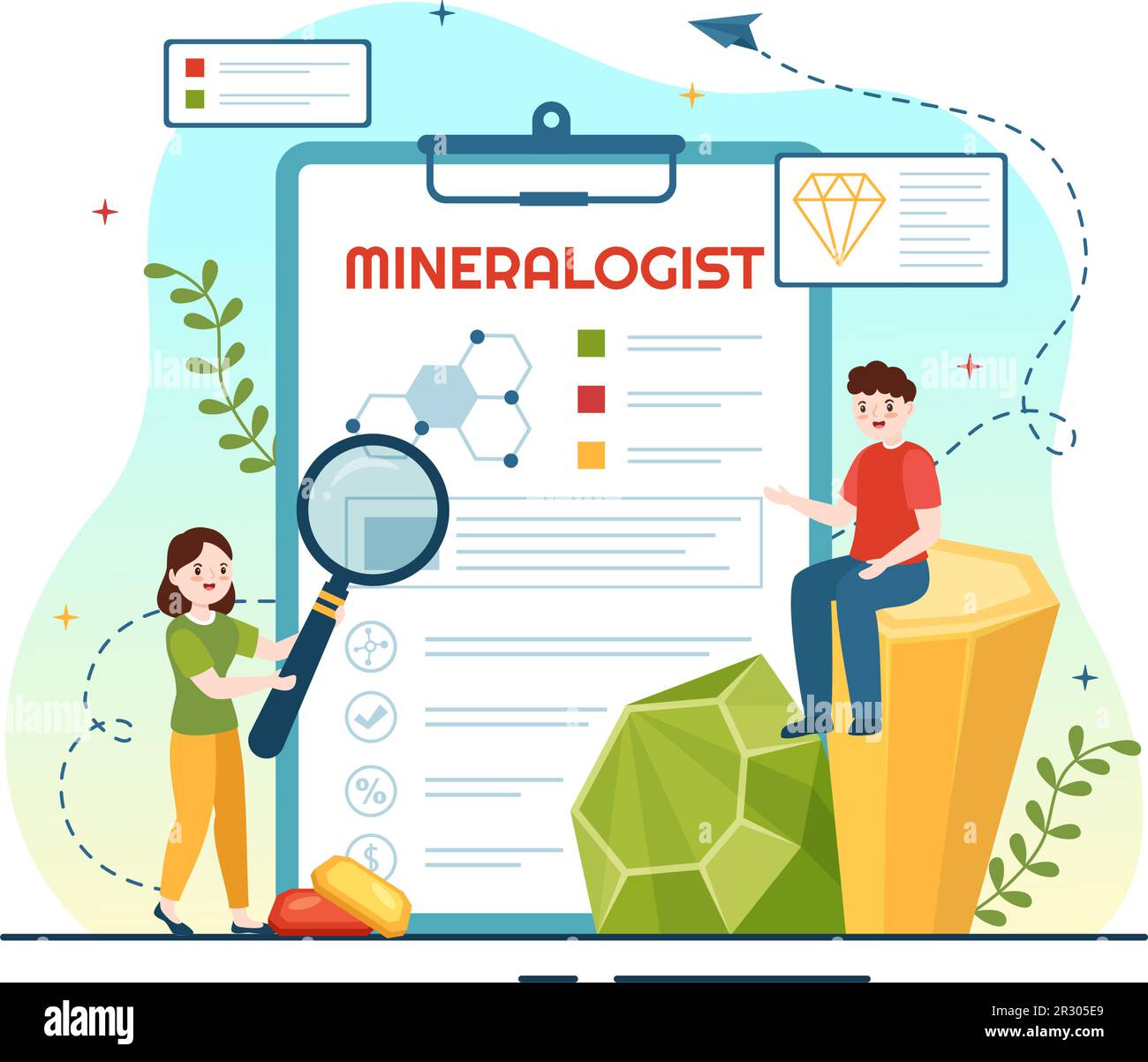 Mineralogist Vector Illustration with Natural Stone and Mineral Structure for Jewelry or Chemical Reaction in Flat Cartoon Hand Drawn Templates Stock Vector