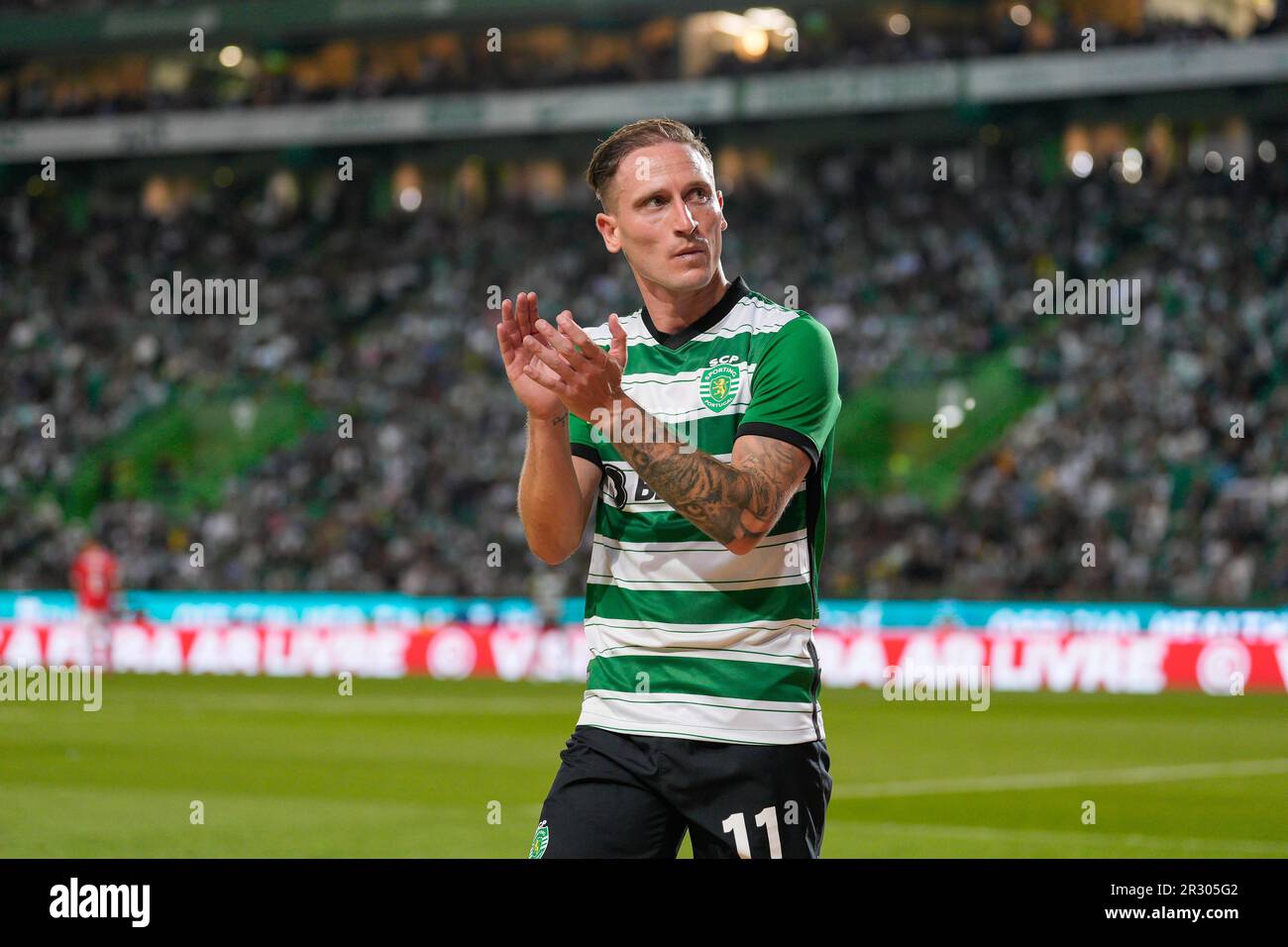 Nuno Santos of Sporting CP celebrates a goal during the Liga Portugal Bwin  match between Sporting CP and Paços de Ferreira at Estadio Jose  Alvalade.(Final score: Sporting CP 3:0 FC Paços de