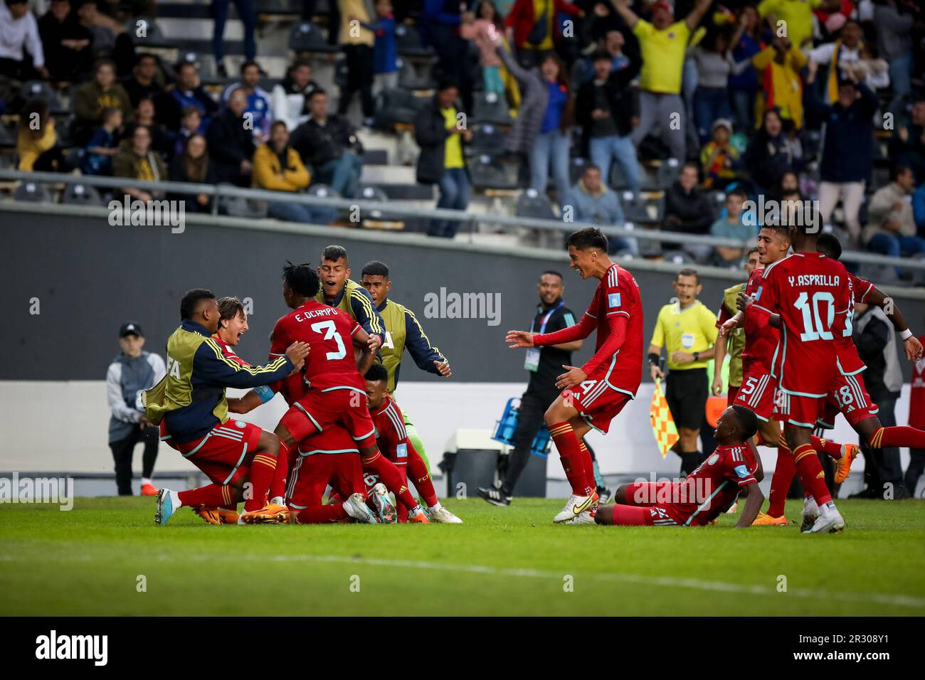 La Plata, Argentina. 21st May, 2023. Gustavo Puerta of Colombia and his teammates celebrate a goal during a match between Israel and Colombia as part of World Cup u20 Argentina 2023 - Group C at Estadio Unico 'Diego Armando Maradona'. Final score: Israel 1 - 2 Colombia (Photo by Roberto Tuero/SOPA Images/Sipa USA) Credit: Sipa USA/Alamy Live News Stock Photo