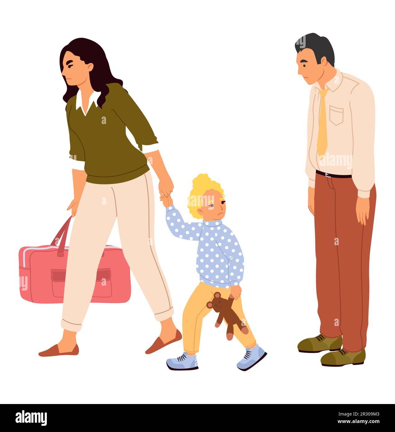 Parents divorce vector illustration wife with child leaving husband Stock Vector