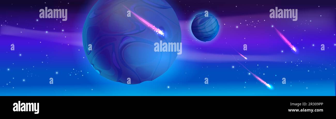 Space background with alien planets floating in sky, comets with neon ...