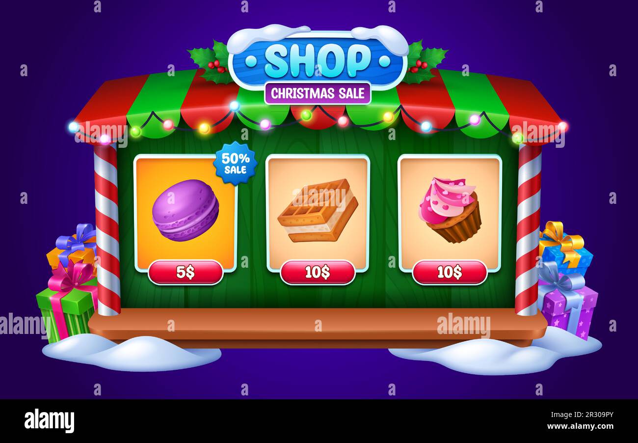 Christmas sale in game shop. UI frame with wooden signboard and badges