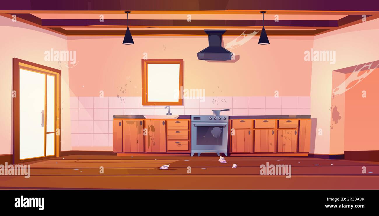 Untidy kitchen with dirty furniture and cobweb on walls. Vector cartoon illustration of room in old house with dust, crumpled paper, litter on floor, stains on countertop, cabinets and drawers Stock Vector