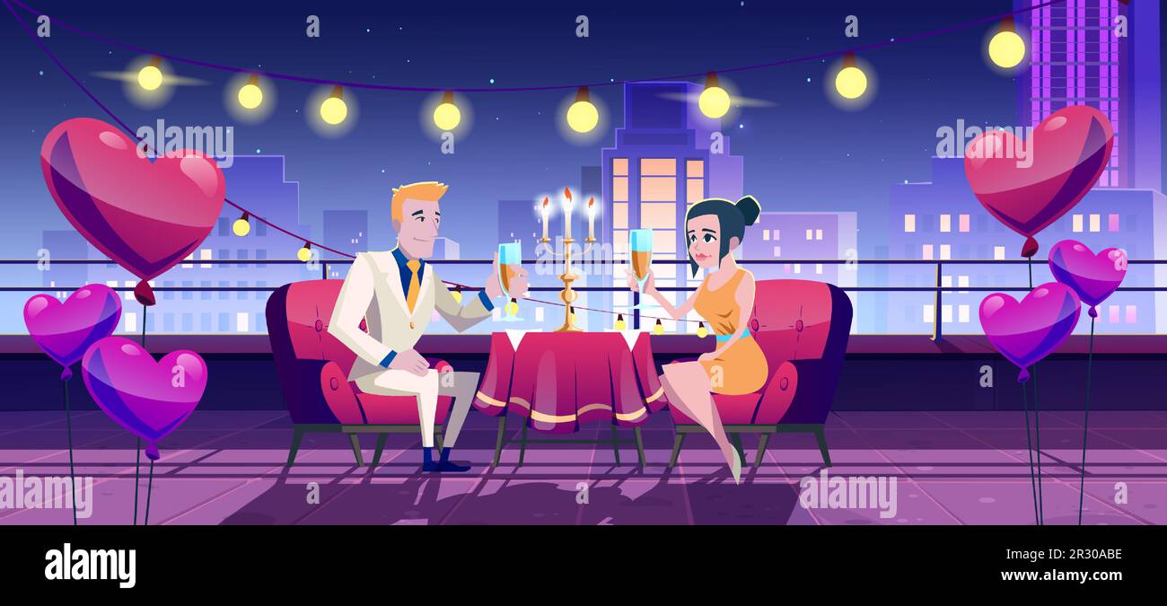 Romantic dinner date at night on city roof terrace cartoon illustration