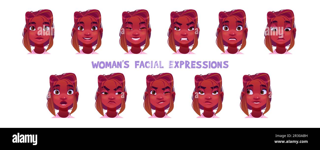Black woman face expression cartoon vector set. Female african character facial illustration with different emotions. Happy, sad, angry and confused young girl adult mood avatar portrait collection Stock Vector